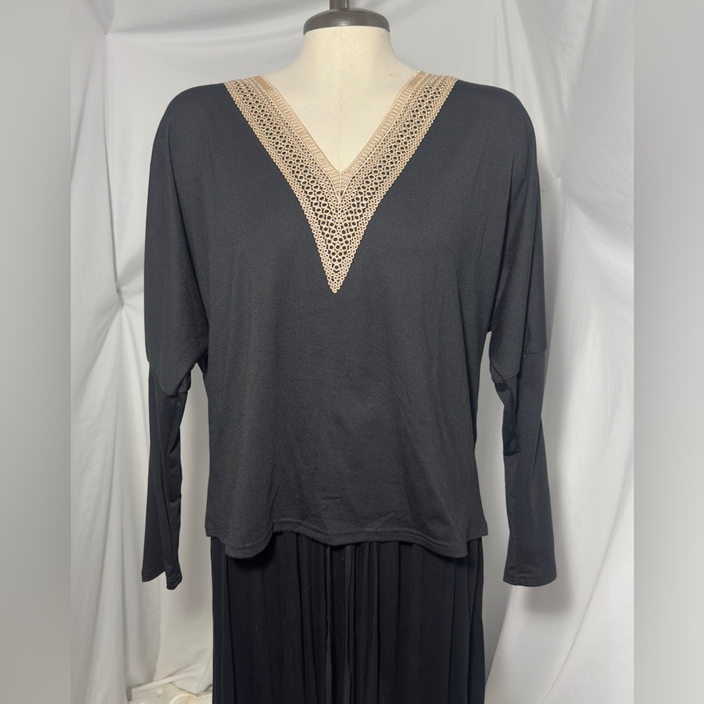SHEIN Black V Neck Blouse M Crochet Trim Long Sleeve Stretchy Top
